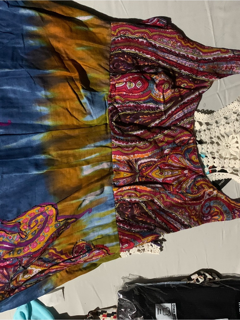 Multicolor Paisley & Tie-Dye Sleeveless  Sun Dress with Crochet Detail